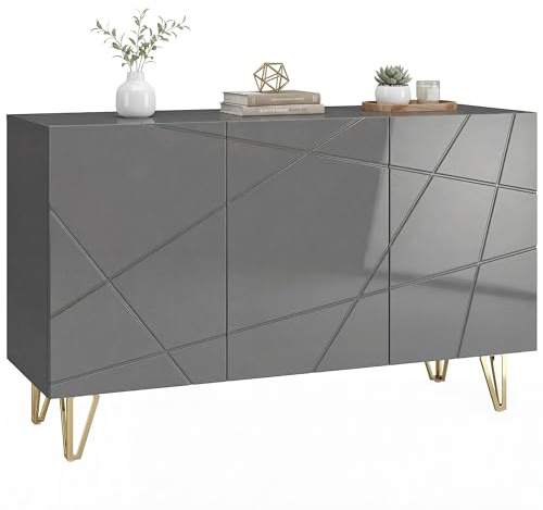 HOMCOM Storage Cabinet, High Gloss Sideboard, with Adjustable Shelf, Grey