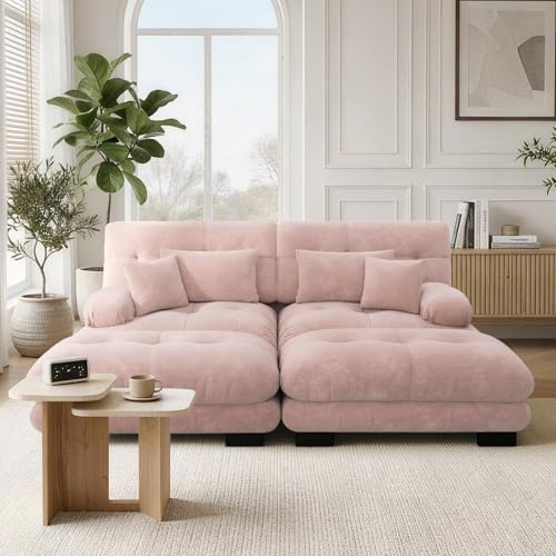 SoarTalent Modulsofa 2-Sitzer 220 cm mit 2 Hockern, Modular in U-Form, Chenille-Stoff, Holzgestell, Hellrosa