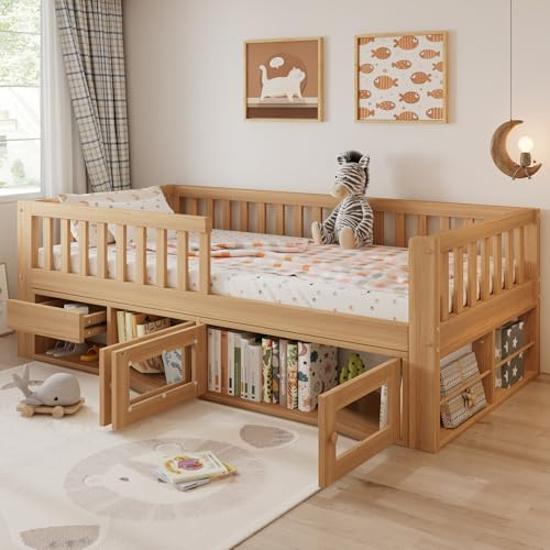 Kinderbett Holzbett 90x200, Einzelbett mit Schublade, zweiflügeligem Schrank und Ablageflächen, Jugendbett Stauraumbett Bettgestell mit Lattenrost und Rausfallschutz, Massivholz, Ohne Matratze, Natur