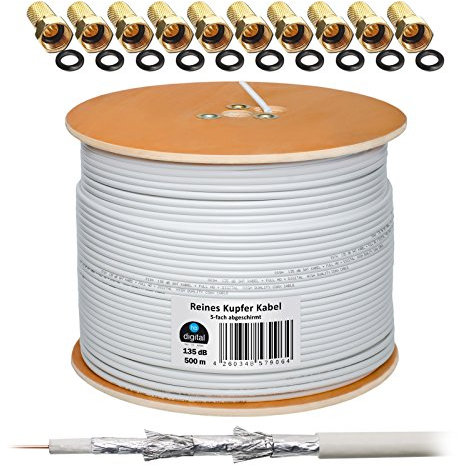 HB-DIGITAL 135dB 500m Koaxial SAT Kabel Reines KU Kupfer Koax Kabel Antennenkabel 5-fach geschirmt für DVB-S/S2 DVB-C und DVB-T BK Anlagen + 100 vergoldete F-Stecker mit Gummiring SET Gratis