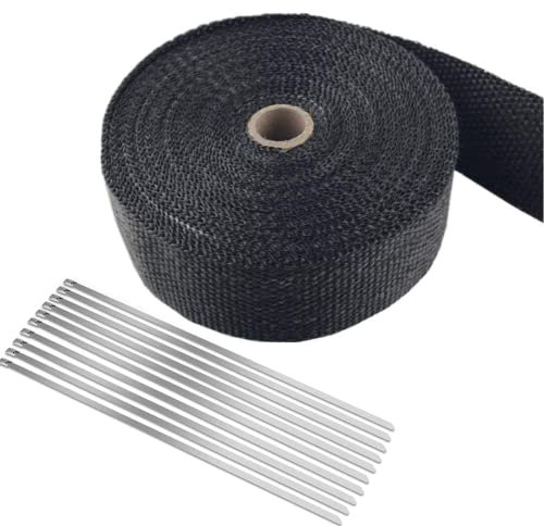 15M x 5 CM Hitzeschutzband Basaltfaser, Titanium Farbe Auspuffband mit 10 Edelstahl Kabelbinder für Fächerkrümmer Thermoband Krümmerband Auto Motorrad Auspuff (Schwarz)
