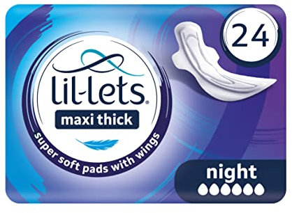 Lil-Lets Maxi Thick Period Pads X 24, Night Absorbency, with Wings, 1 Pack of 24 Maxi Pads, for Very Heavy/Extra Heavy Overnight Flow, Unscented, Nightime Sanitary Towel (Packing May Vary)