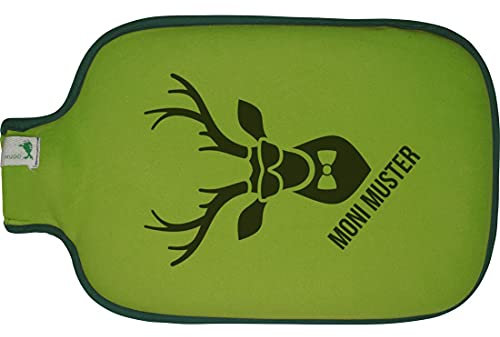 Manutextur Hugo Frosch Wärmflasche mit Namen - personalisiert - Motiv Elch - viele Farben & Motive – Wärmflasche - grün - Größe 19,5 x 31,5 cm - persönliches Geschenk mit Wunsch-Motiv und Wunsch-Name