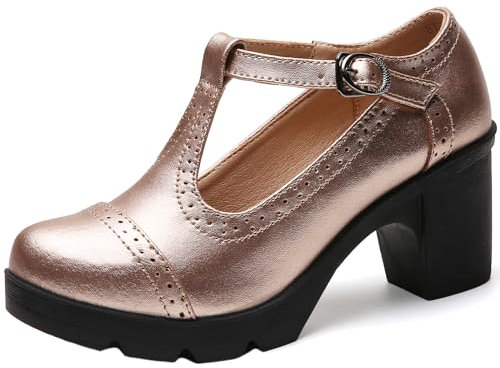 DADAWEN Women's T-Strap Platform Court Shoes Mid Heel Mary Jane Oxfords Dress Shoes Gold 7 UK