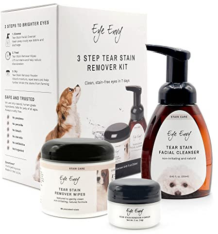 Eye Envy 3 Step Tear Stain Remover Kit for Dogs | Clean, Stain-Free Eyes in 7 Days | Contains: Cleanser 8.45 fl.oz, Wipes 60 Count and Powder 0.5oz | Non-irritating and Natural