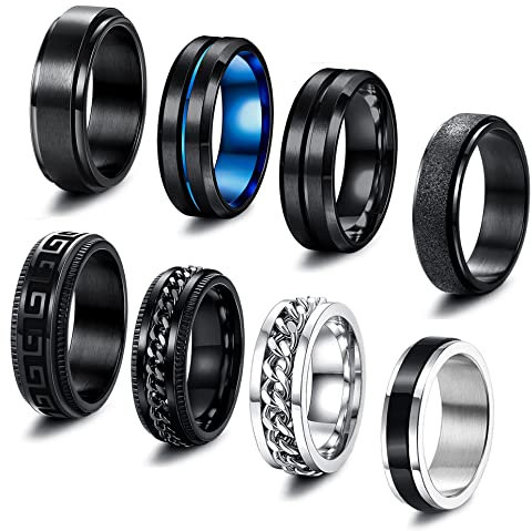 KALVICA 8 Stücke Ringe für Herren Männer Edelstahl Ringe Set Spinner Ringe mit Kette Ringe Mattierter Ringe Schwarz Blau Silber Größe 54-70