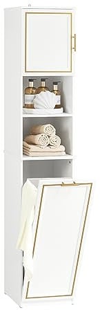SoBuy BZR87-W Hochschrank mit ausklappbarem Wäschesack Badezimmer Schrank Badschrank schmal Wäscheschrank Badregal Badezimmermöbel Weiß BHT ca. 33x171x32cm