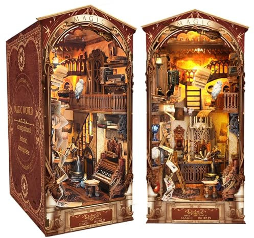 CRIOLPO Book Nook Kit-DIY Puppenhaus Holz Miniatur Haus Kit, Buch Ecke Miniatur Kit für Erwachsene Teens, 3D Holzpuzzle Bücherecke Bücherregaleinsatz Kits mit Sensor Led Licht