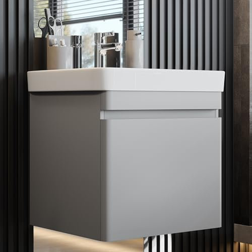 Newroom Waschbeckenunterschrank inkl. Waschbecken lackiert - Grau/Beton matt - Hängend - mit viel Stauraum - 50x54x50 cm (BxHxT) - Badezimmermöbel, Waschtisch, Unterschrank