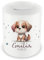 Samunshi® Kinder Spardose mit Namen und Süßer Hunde Welpe als Motiv für Kinder - Jungen und Mädchen Sparschwein 330ml weiß