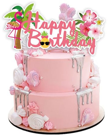 Bzzerumy Happy Birthday Tortendeko, Hawaii Flamingo Cake Topper, Große Tortendeko für Geburtstag, Geeignet für Kinder und Erwachsene, Happy Birthday Deko, Kuchendekoration