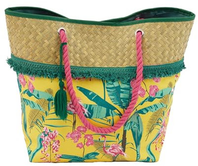 Sorbetto Damen stillvolle Strandtasche, praktische Shopper oder große Badetasche, 60 x 49 cm, Grün mit Palmenblätter