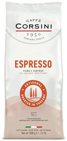 Caffè Corsini - Café en Grano 1 Kg Espresso, Mezcla Clásica de Arábica y Robusta, Tostado Medio Oscuro, Café Cuerpo Intenso con Aroma Completo, Origen Sudamérica y África.