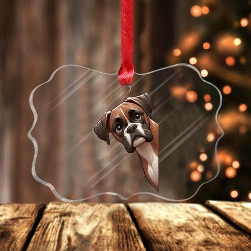 Boxer Weihnachtsbaum Ornament Hund schaut um die Ecke Weihnachten Ornament Andenken Hängende Ornamente Acryl Weihnachtskugel für Weihnachtsbaum Dekoration