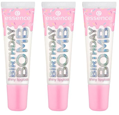 essence BIRTHDAY BOMB shiny lipgloss, Nr. 01, Transparent, natürlich, glänzend, strahlend frisch, schimmernd, vegan, ohne Parabene, ohne Mikroplastikpartikel, Nanopartikel frei, 3er Pack (3x10ml)