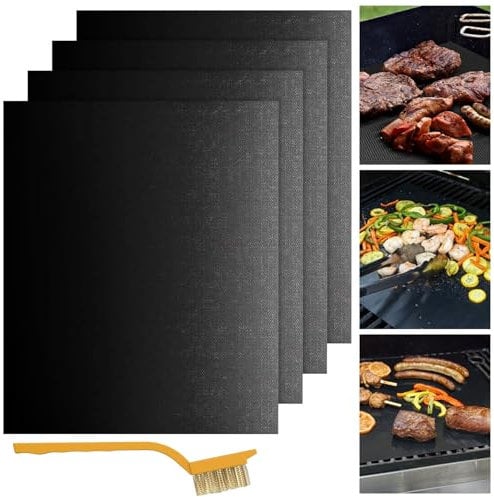 Kezidhp Lot de 4 Tapis BBQ Réutilisables Anti-Adhérents avec Brosse de Nettoyage Incluse - Plaque de Cuisson pour Barbecue Gaz, Charbon, Électrique (40x32 cm) - Noir