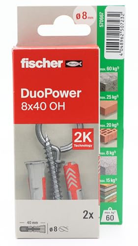 fischer - Duopower 8x40 Con Hembrilla Cerrada - 2U, Tacos para pared multimaterial, sirven para Colgar Bicicletas, Cuadros, Armarios, Soportes de Televisión, Estanterías, Muebles.