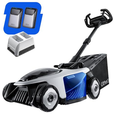 Litheli Easysurge Akku Rasenmäher 43cm Selbstfahrend (2,2-4,7 km/h), 50L Fangkorb, 25-75mm Schnitthöhe, bis 500m², Elektro inkl. 2 x 4,0 Ah Akkus
