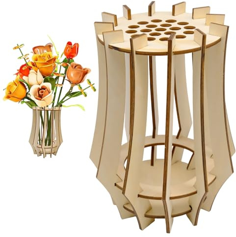 Muduolu Wooden Vase for Lego Flowers, Handcrafted Puzzle Assembly Vase for Bouquet Display, Suitable for Roses Tulips Sunflowers Daffodils Home Decor
