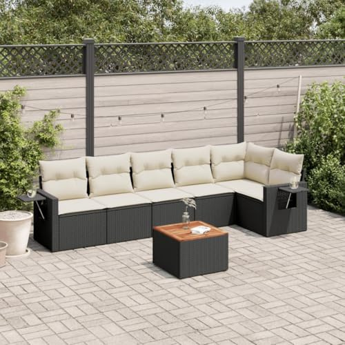 QJBSAVVA 7-teiliges Gartensofa Set Schwarz Poly Rattan Ecksofa & Mittelsofa mit Akazienholztisch & Kissen Modern Lounge Couch für Garten Terrasse Balkon