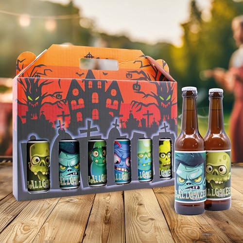Männerhandtasche Halloween – Lustiges Biergeschenk mit 6 Flaschen Bier (0,33L, 4,8% vol.) | Originelles Mitbringsel für Männer, Party & Kostümfeier | inkl. Mehrwegpfand