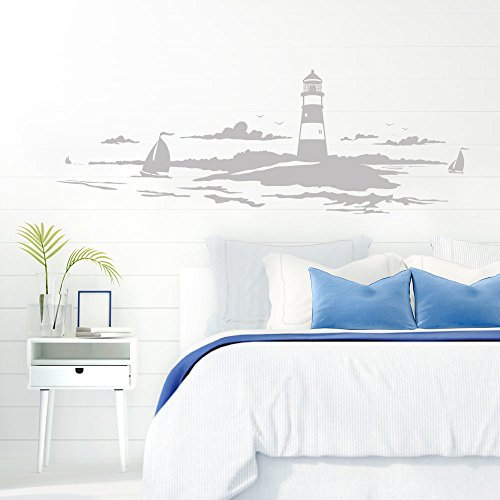 Grandora Skyline Küstenlandschaft Leuchtturm I hellgrau 90 x 30 cm I Bad Wohnzimmer Schlafzimmer Aufkleber Wandaufkleber Wandsticker Modern W974