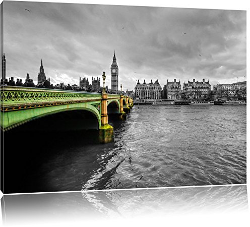 Pixxprint Skyline von London mit Themse und Big Ben B&W, Größe: 120x80cm, Leinwandbild, fertig gespannt, Wandbild, Dekoration, Kunstdruck, kein Poster