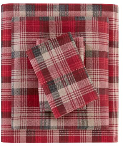 Woolrich Baumwoll-Bettwäsche-Set, Cottage-Charms-Druck, 100% Baumwoll-Flanell-Bettwäsche-Set, warm und flauschig, Queen-Size-Bettlaken, Spannbetttuch für bis zu 35,6 cm Matratze, Queen-Size-Rot