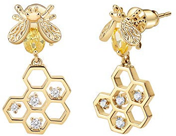 Emibele Ohrringe Damen, Vergoldetes Metall Ohrringe mit 925 Sterling Silber Nadeln, Kubik Zirkonia Messing Kleine Bienen & Honigwabe Ohrhänger für Damen Frauen Mädchen, Mode Schmuck - Champagner Gold