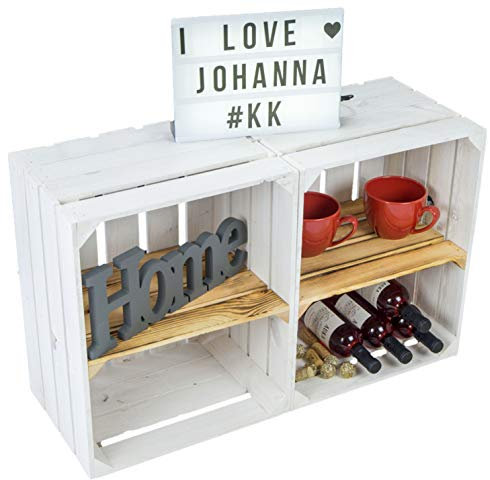 2er Set Obstkiste Johanna weiß mit geflammten Boden mit Mittelbrett geflammt LÄNGS Aufbwahrungsbox Weinkisten Regalkisten Aufbewahrungskisten (2er Set Johanna Weiss geflammt Quer)