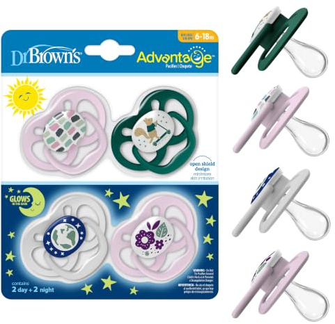 Dr. Brown's Advantage Glow-in-the-Dark Baby Pacifier, Fully Symmetrical Soother with Soft Silicone Bulb, Scooter Squirrel-Purple Nature, 6-18m, BPA Free, 4 Pack