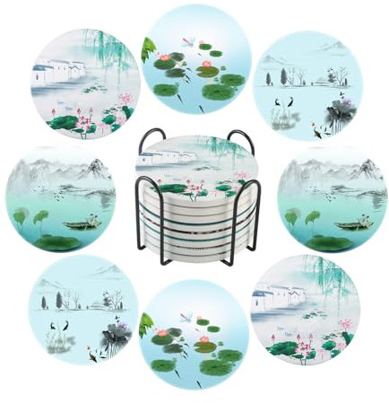 sous-Verre pour Boissons avec Support, Ensemble de 8 Dessous de Verre en céramique absorbante, Base en liège sous-Verre de Style Unique pour la Protection Tableau, Convient à Tous Les Types de Tasses