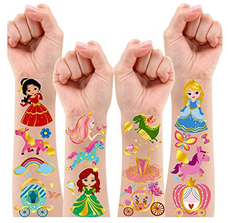 Leesgel Prinzessin Geburtstag Deko, 120 Stück Prinzessin Metallic Glitzer Tattoo Kinder für Geburtstagsdeko Mädchen, Kindertattoos Aufkleber Kinder für Kindergeburtstag Gastgeschenke Spielzeug Mädchen