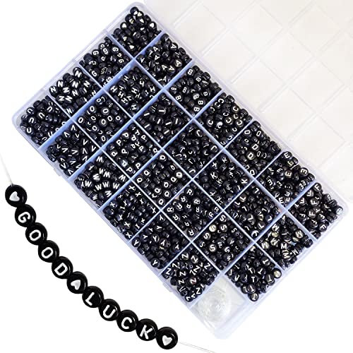 Adwzy 1400 Stück Buchstabenperlen Schwarz Spacer Perlen 7x4mm Buchstaben A-Z und Herz perlen für Armbänder Schmuck Basteln