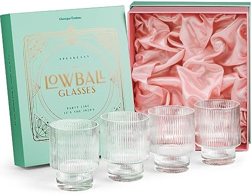 GLASSIQUE CADEAU Copas de cóctel acanaladas estilo Art Deco de estilo vintage | Juego de 4 | Vasos dobles de cristal de 12 onzas para beber whisky clásico, ginebra, bebidas de bar de vodka |