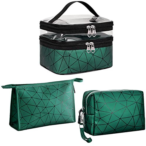 LEcylankEr Kosmetiktasche Damen Set 3 Stück Make Up Tasche Transparent Schminktasche Damen Doppellagige Kosmetiktasche Groß für Reise (Grün)