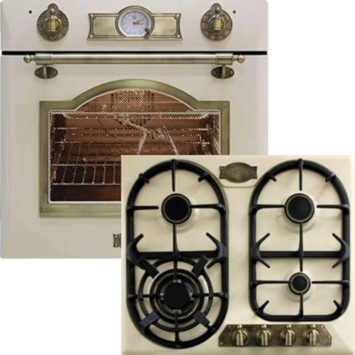 Kaiser Empire EH 6355 ElfEm + KG 6325 ElfEm Forno elettrico da incasso in stile retrò, 67 litri, autopulente, 8 funzioni, girarrosto+ Piano cottura a gas, smaltato avorio, 3,8 KW WOK