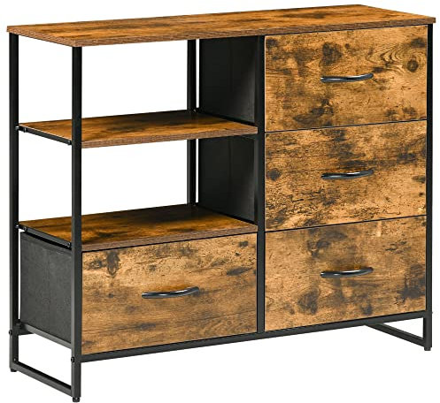 HOMCOM Meuble de Rangement, Commode, Buffet de Rangement Style Industriel 4 tiroirs Pliables 2 étagères Acier et Bois - 84 x 30 x 71,5 cm