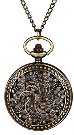 JewelryWe Taschenuhr Herren Retro Blumen Skelett Kettenuhr mit Arabischen Ziffern Vintage Analog Quarz Uhr Anhänger mit Halskette Kette für Damen Männer Bronze