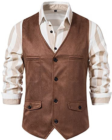 MakingDa Suede Cowboy Waistcoat Men V Neck Slim Fit Smart Casual Classic Vintage Leather Vest Western Costume Single Breasted Fake Pockets Fancy Dress Outfit-Khaki-2XL