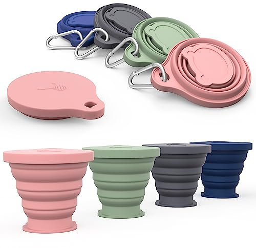 LYY Tasse pliable, tasses en silicone pliables avec couvercle et mousqueton Ensemble de tasse portable réutilisable pour pique-, camping, voyage de randonnée en plein air (180ml, 4-N)