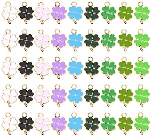 Cosswe Glücksbringer Vierblättriges Kleeblatt, 48 Stück Vierblättrige Kleeblatt Anhänger Metall Halsketten Zubehör DIY Basteln Schmuck Ornamente Autoschlüsselanhänger Glück Schlüsselanhänger (Bunt)