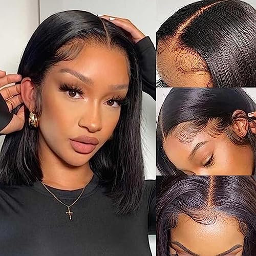 DUAUJUIU Perücke Bob Wig Human Hair 13x4 Lace Front Wig Frontal Wig Human Hair Remy Hair 150% Density Transparent Lace Wig Short Bob Wig Natur Schwarz 12 Inch