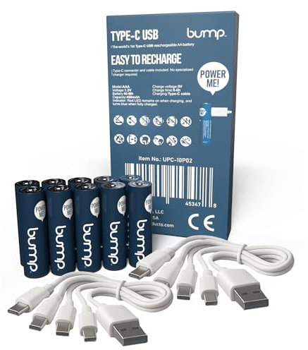 BUMP NiMH AAA Rechargeable Batteries 1.2V - 10 Pack Long Lasting (1000mAh) - Reusable Battery Replacement with 4-in-1 USB-C Charging Cords - Ideal for Flashlights, Remote Controls, and Cordless Phones