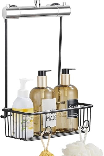 GERUIKE Etagere Douche a Suspendre sans Percage Porte Gel Douche pour Salles de Bains Compactes - Panier Douche à Suspendre Acier Inoxydable Noir Mat - Rangement Douche Suspendu au Robinet de Douche