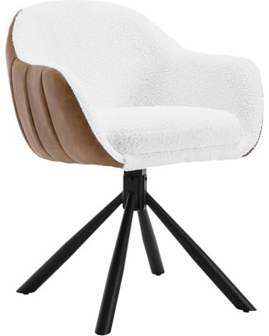 WOLTU 1x Esszimmerstuhl drehbar, Drehstuhl, Stuhl mit Armlehnen, Küchenstuhl, Polsterstuhl mit Rückenlehne, Sessel Wohnzimmer, Kunstleder Chenille Metallbeine, Weiß Braun, EZS04ws-1