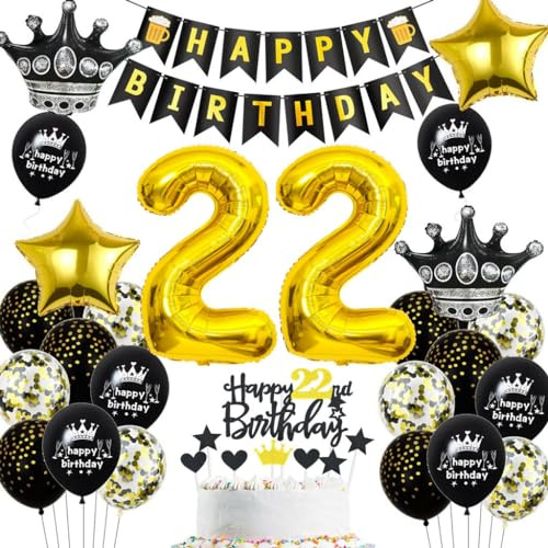 Luftballons 22 Jahre Geburtstag Gold Schwarz, 22. Geburtstag Dekoration Gold Schwarz, Mann Frau 22. Party Deko, Geburtstagsdeko 22 Jahre, Ballon 22 Männer Frauen