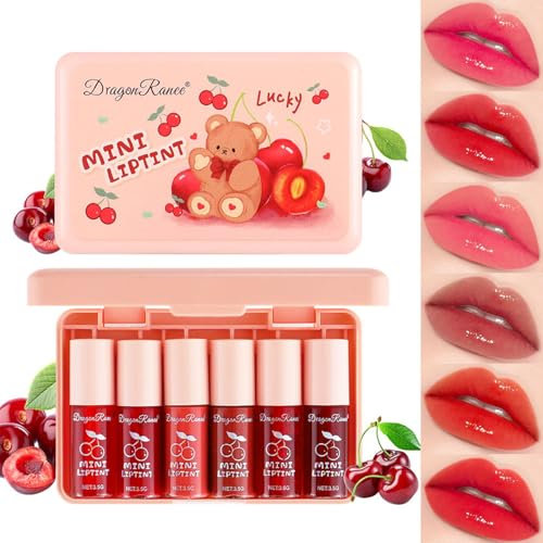 6 Colors Cherry Lip Tint Stain Set Mini Liquid Lipstick Multi-Use Lip and Cheek Tint Moisturizing Velvet Lip Gloss Waterproof Korean Lip Stain Long Lasting,Non-sticky,Transfer-Proof Makeup(Cherry)
