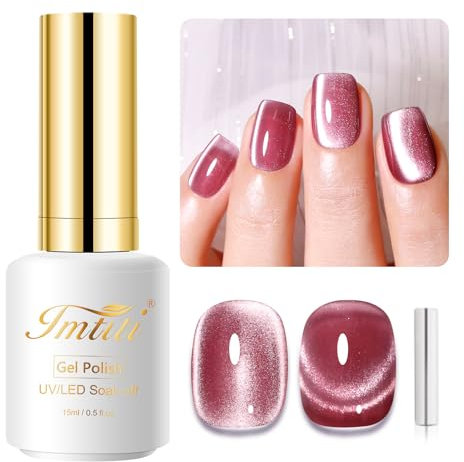 Imtiti Moonlight Cat Eye Gel Nagellack, 15ml Nude Pink Holographic Crystal Cat Eyes Glitter UV Soak Off Gel Nagellack mit Magnetic Stick für Nail Art 1Pcs