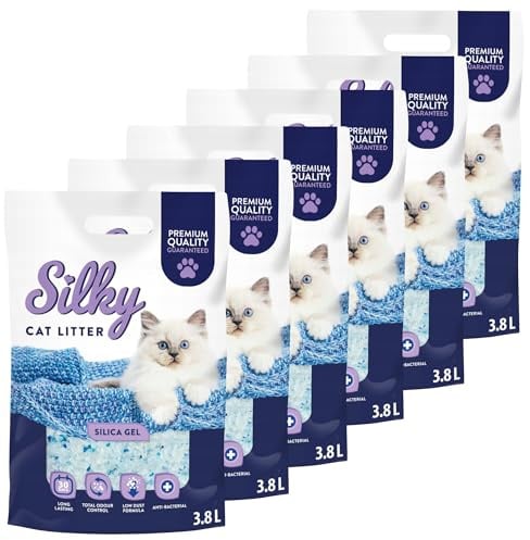 Silky Silikat Katzenstreu, Staubfrei Unparfümiert Kristall Silikatstreu, Geruchsneutral, Hohe Saugkraft, Antibakteriell | 22,8L - 6er-Pack
